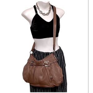 Junior Drake Brown Tan Neutral Pleated Leather Goldtone Crossbody Bag Purse